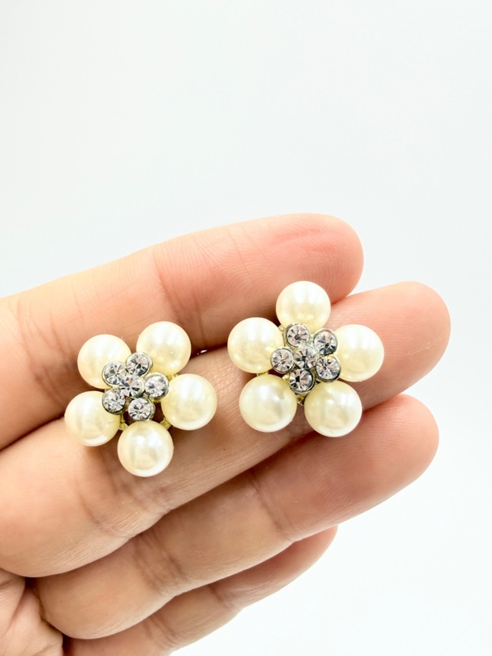 Vintage Faux Pearl & Rhinestone Flower Cluster Stud Earrings